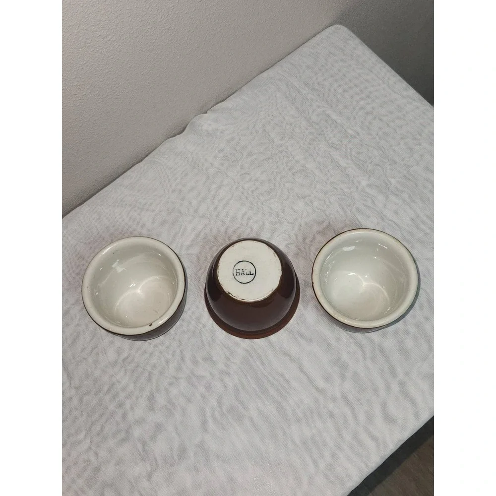 Vintage Hall China Brown White Custard Cups Ramekins Set of 3 Stoneware Bakeware